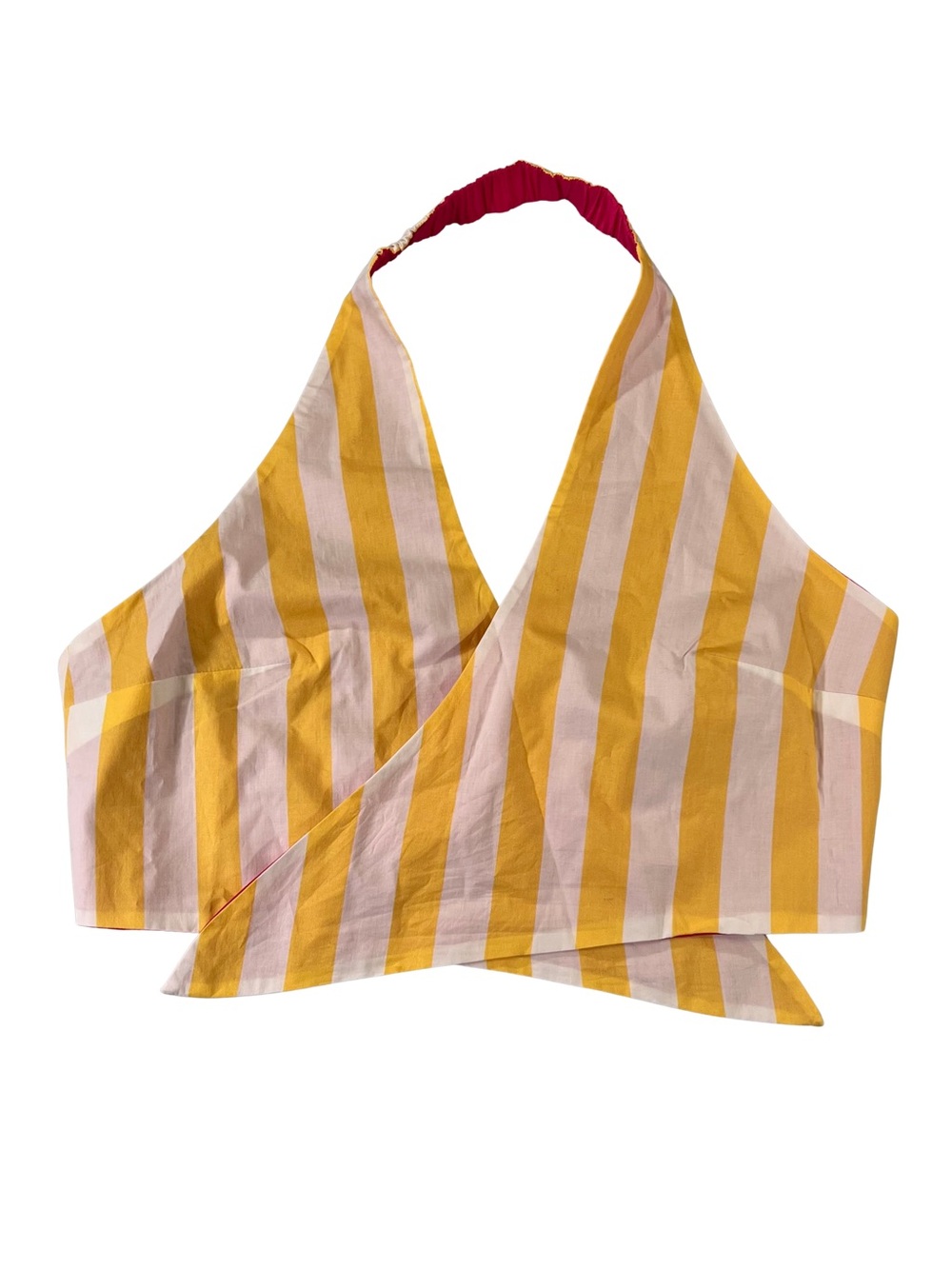 Striped Summer Yellow & White Reversible Hot Pink Tie-Front Crop Halter Top - Picture 3 of 7